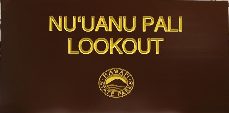 G16224- Large V-Carved Engraved Cedar Wood  Sign for "Nu'uana Pali Lookout", Hawaii State Parks 