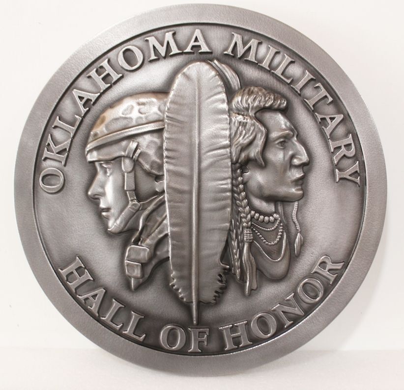 ZP-1195 - Carved Bas-Relief Aluminum-Plated Plaque of the Seal of the  Oklahoma Military Hall of Honor