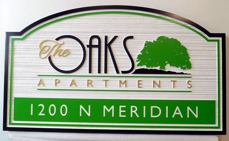 K20164 - Stylized  Carved HDU sign  Entrance Sign for  "The Oaks"" Apartment Complex., 2.5D and Sandblasted  Wood Grain Background