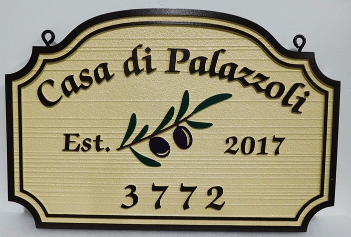 I18252 - Carved Property Name Sign,"Casa de Palazzoli", with Olive Branch as Artwork  