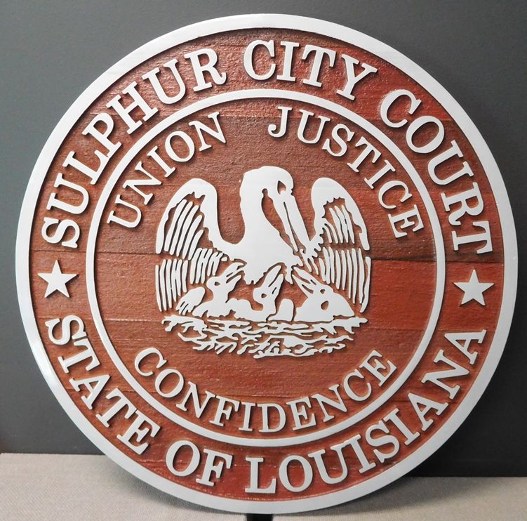 W32222 -  Custom  2.5-D Cedar Wood  Plaque with Aluminum Text and Art, Made  for the Sulphur City Court in Louisiana. 