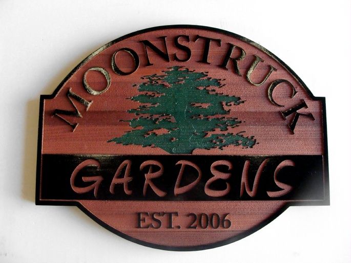 K20105 - Carved Wood (Redwood) Sign for Moonstruck Gardens with Carved Engraved Tree