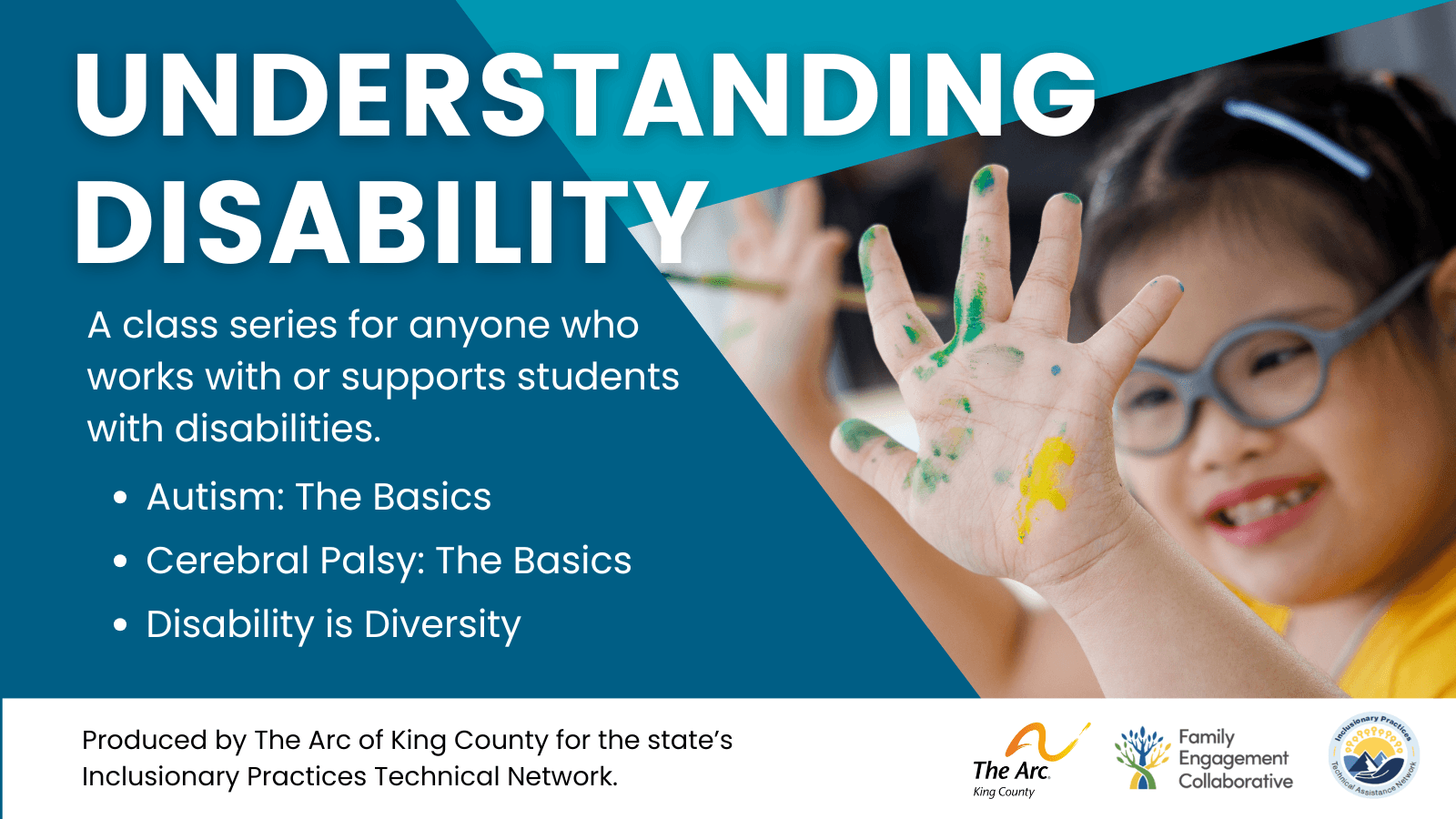 Image of a young child, smiling. Text: Navigating Schools - Accessibility and Belonging; Special Education Basics; Conceptos Básicos de Educación Especial