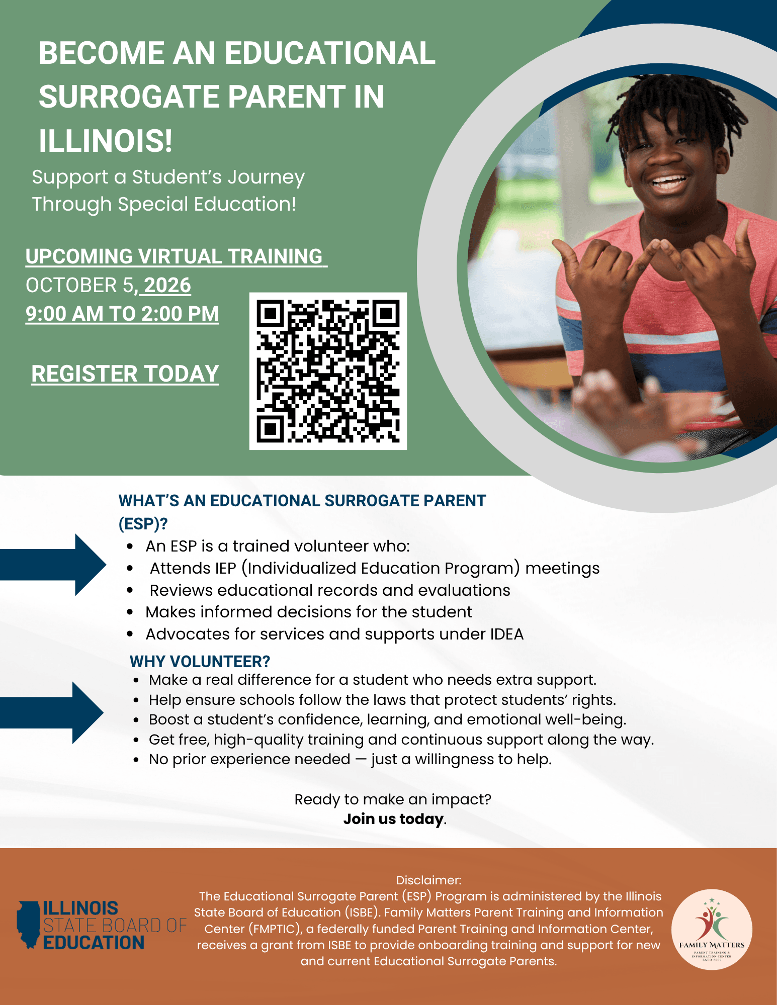 Flyer promoting Educational Surrogate Parent (ESP) volunteer training in Illinois. The flyer features a photo of a smiling student wearing a pink and blue striped shirt using hand gestures while interacting with another person. Large text reads: “Become a