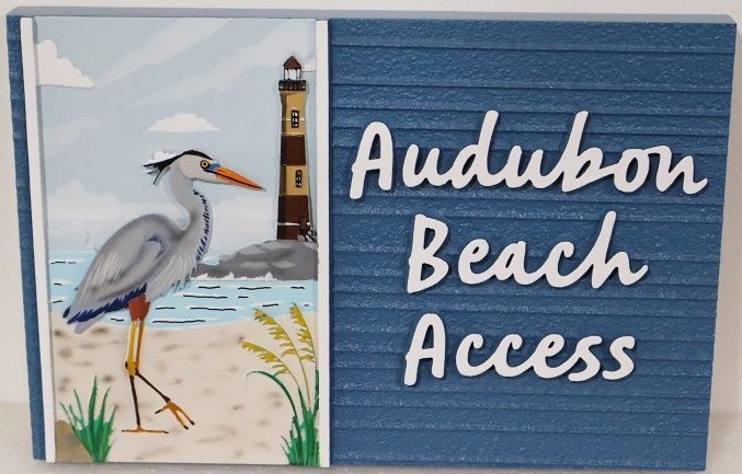 L21427- Carved and Sandblasted HDU Sign for "Audubon Beach Access" with Lighthouse