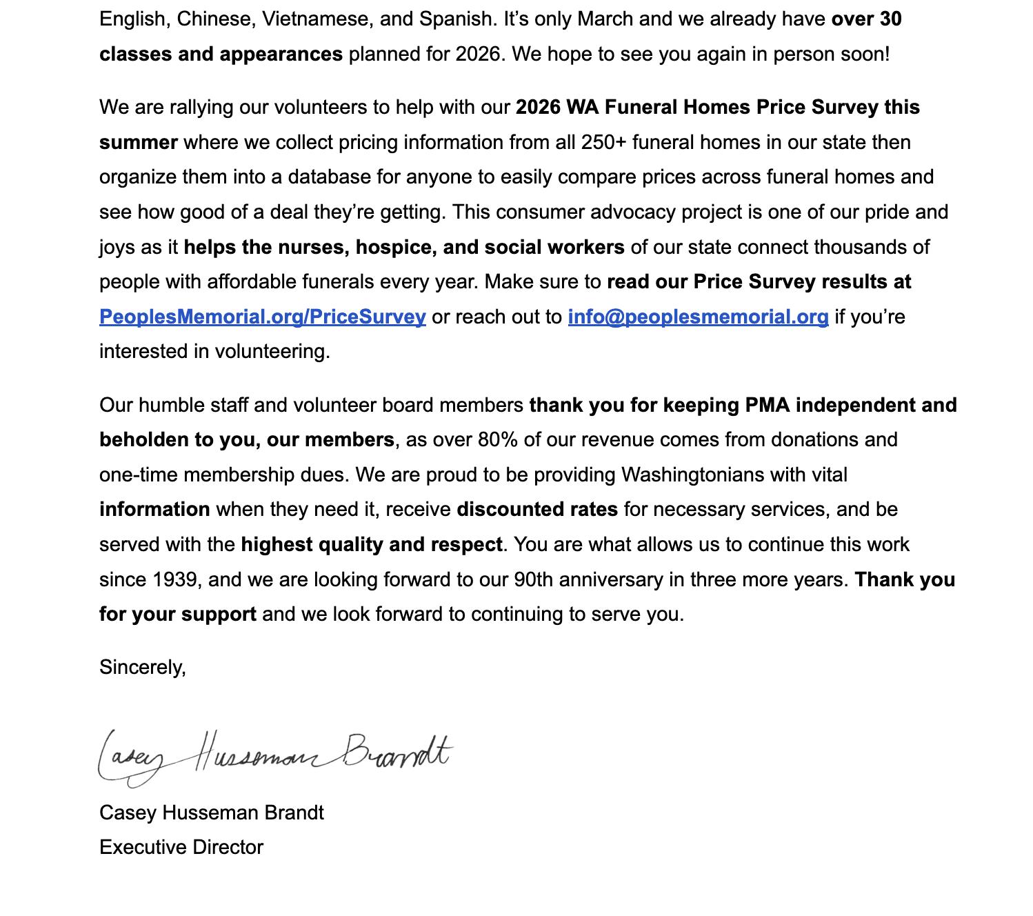 Executive Director Casey Husseman Brandt addresses PMA Members in our Spring 2026 appeal letter.