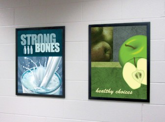2 food posters in school hallway, food pictures, flip open frames, nutrition education, milk poster