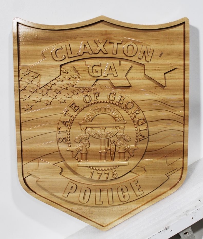 PP-3425 - Carved 2.5-D Multi-LEVEL Cedar Wood Plaque of the Emblem of the Police Department of Claxton, Georgia