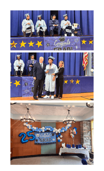 Photos collage of graduates, with teachers and Principal, as well as all the graduates on stage, and photos of festive decorations