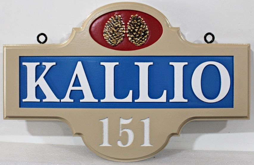 M22125 - Carved and Engraved Property Name and Address Sign for "Kallio" with Pinecones as Artwork