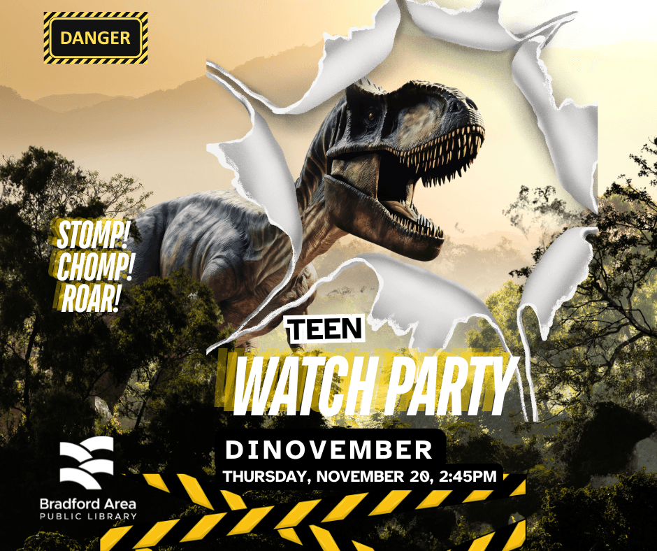 A T-rex head ripping through a movie poster