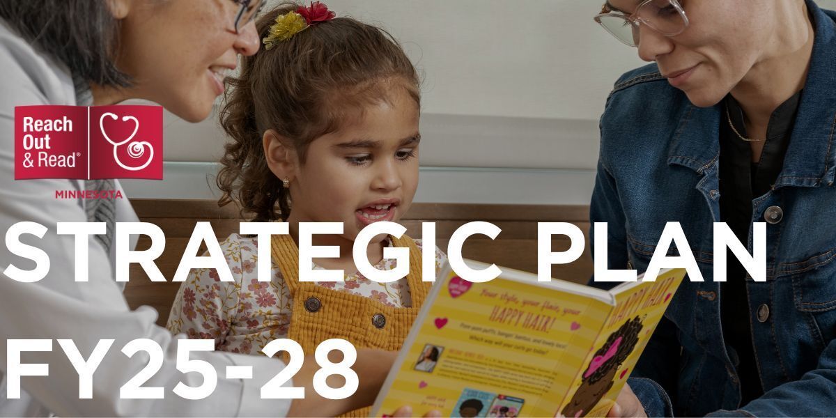 text: Strategic Plan fy25-28, image: mother, pediatrician, toddler read book together