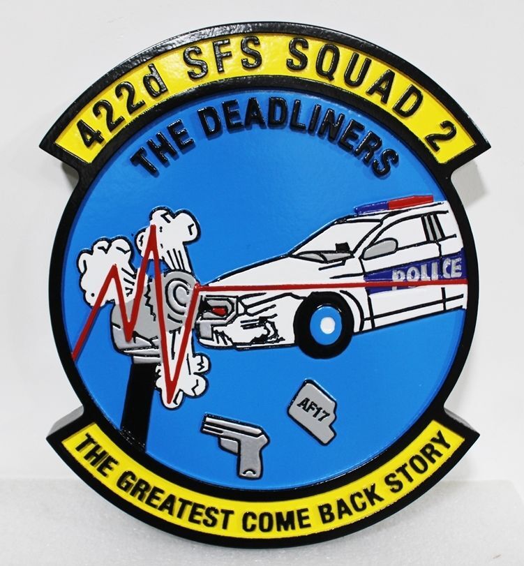 LP-7555 - Carved 2.5-D Multi-Level Raised Relief HDU Plaque of the Crest of the 4226 Security Force Squadron (SFS) Squadron 2, with Motto "The Greatest Come Back Story"