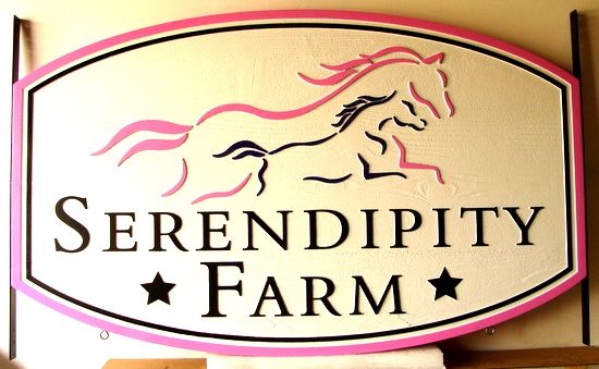 P25140 - Carved Wooden Sign for "Serendipity Farm", with Two Stylized Running Horses