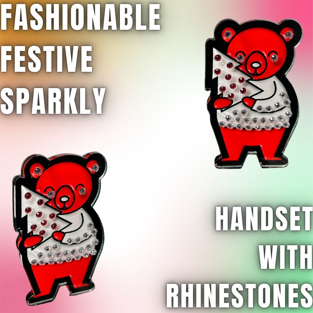 Rhinestone Red Bear with Holiday Tree Acrylic Pin