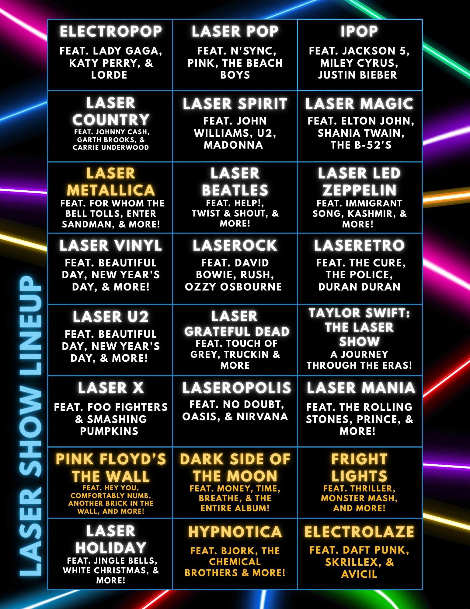 Catalog of Laser Light Shows offered at Challenger Learning Center of NWI