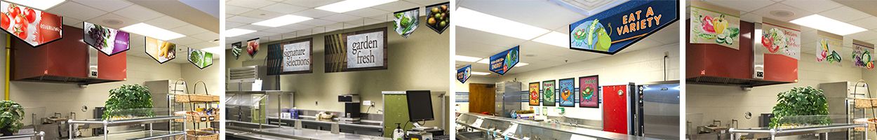 4 pictures of food banners in school café, custom banners, food art