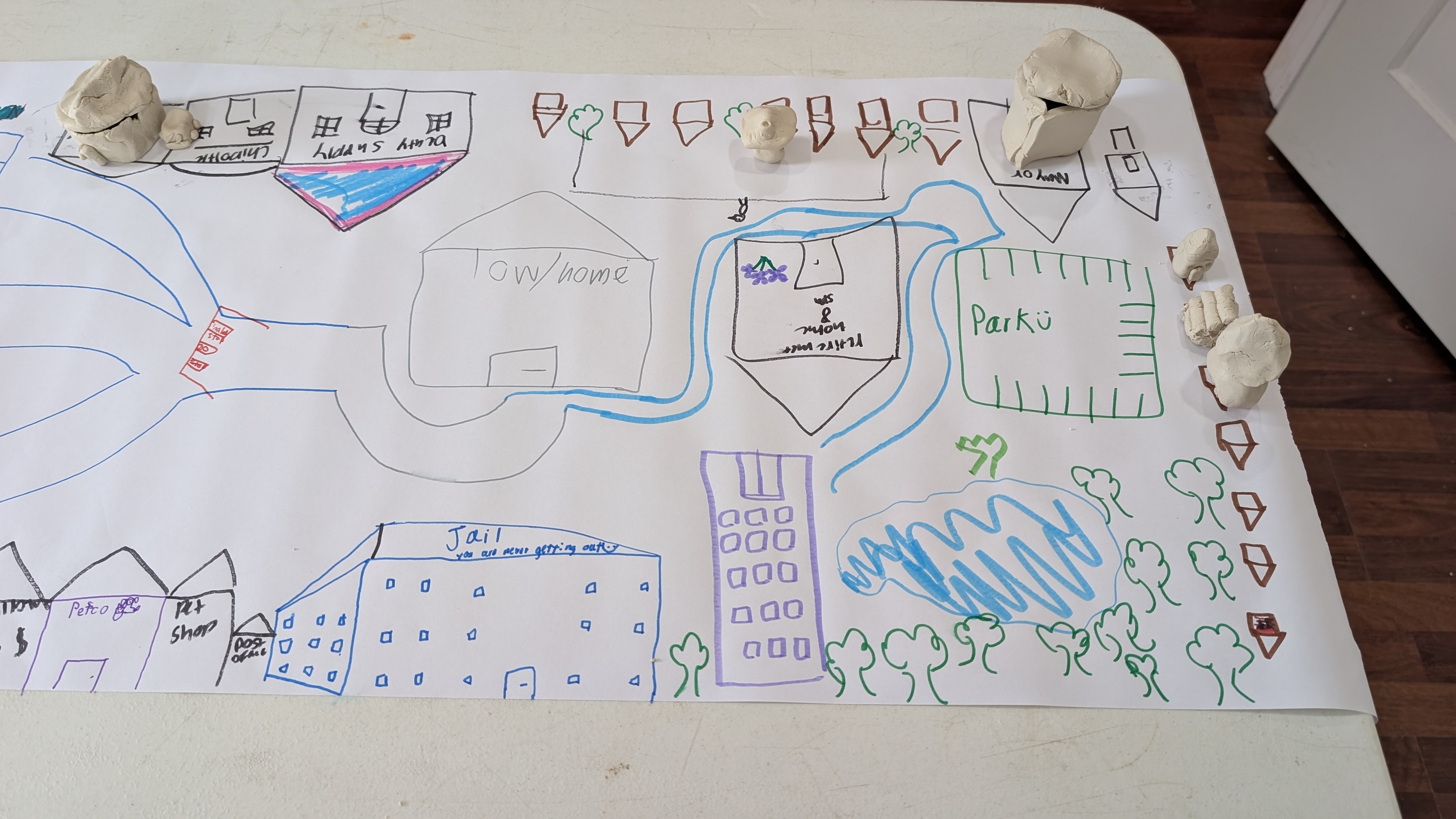 Hand-drawn community map showing roads, buildings, parking, trees, and clay structures