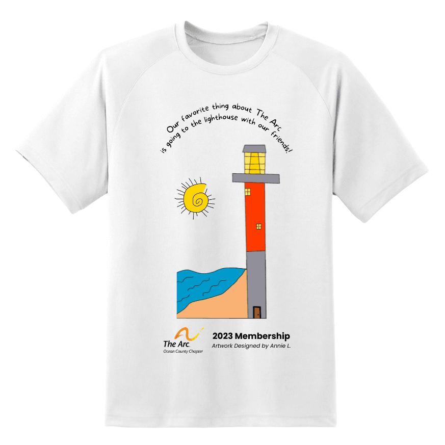 Photo of a white t-shirt with a drawn lighthouse and words