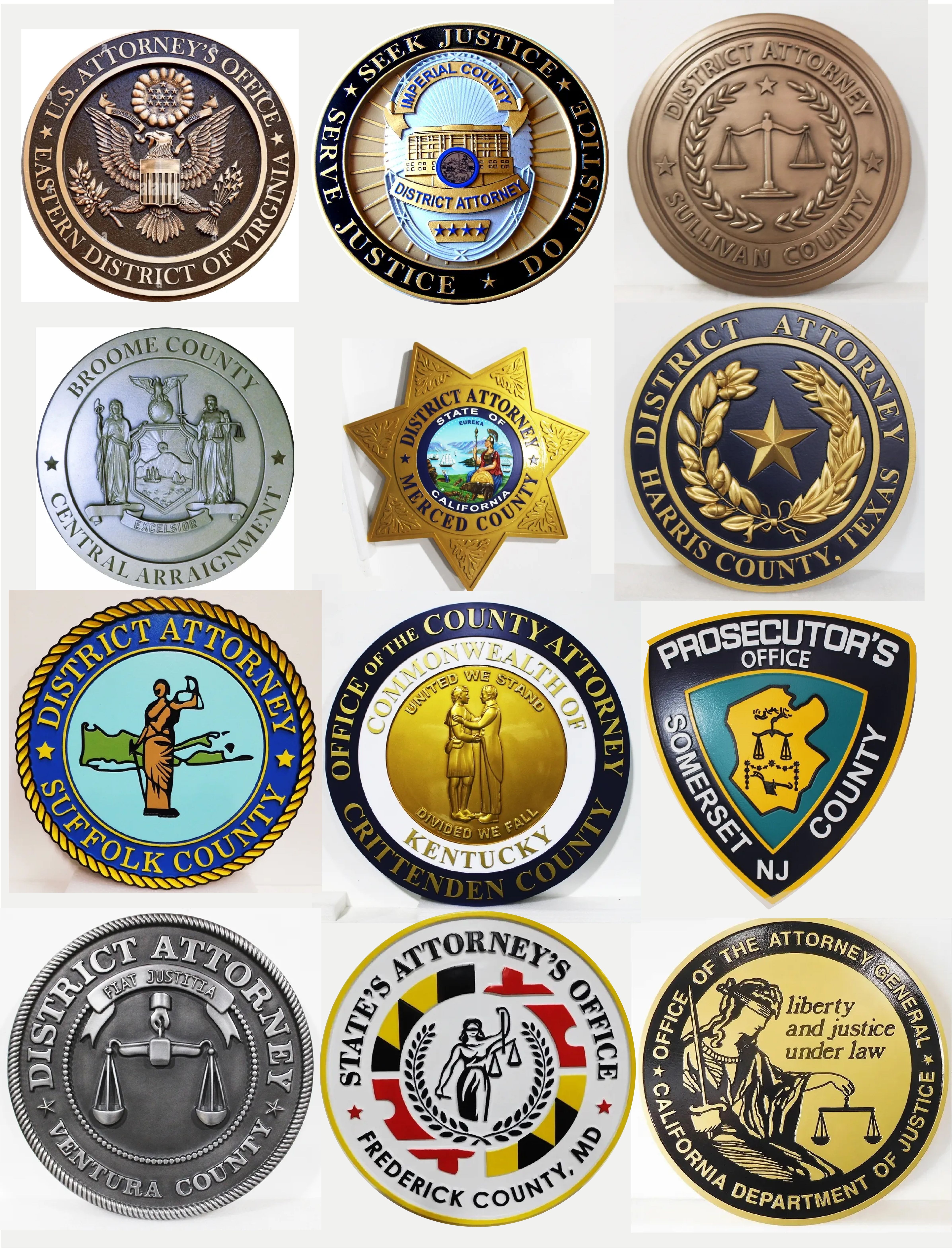 Seal Plaques for Federal, State, County & City Government Prosecuting Attorneys, featuring distinctive regional emblems, materials, and artistic styles 