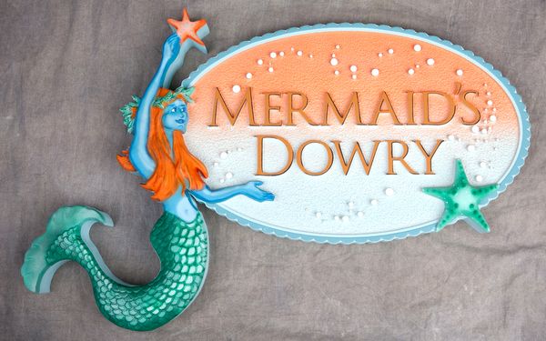 L21902 - Carved 3-D Mermaid Holding Sign for Jewelry Store, "Mermaid's Dowry" 