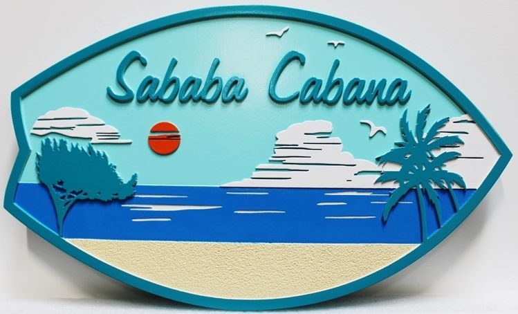 l21050 - Carved  2.5-D Multi-level Beach House  Name Sign "Sababa Cabana", with a Beach Scene, Trees and Clouds as Artwork