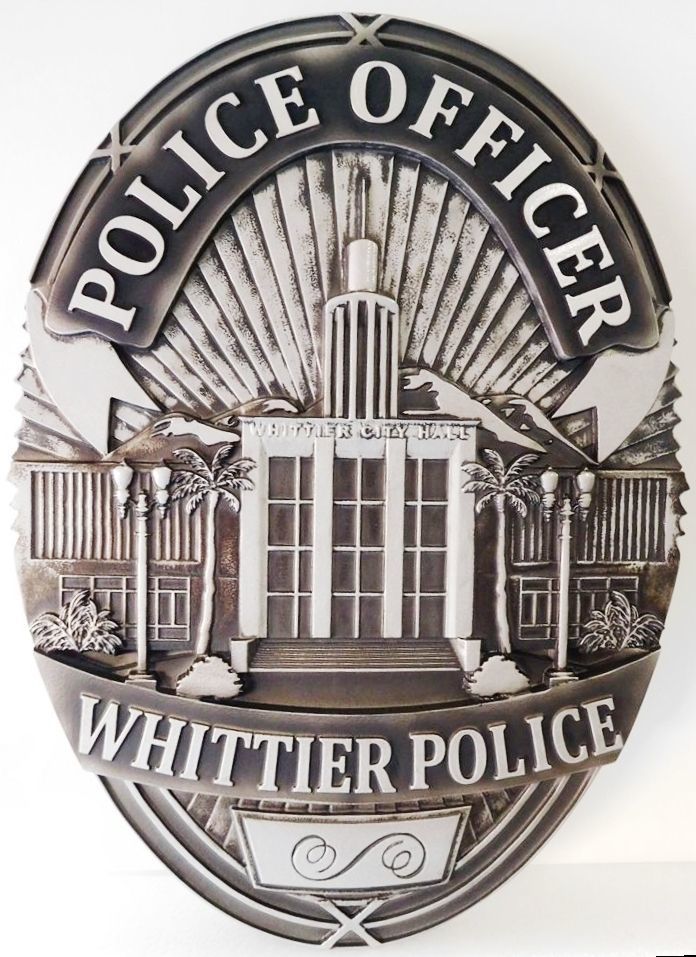 PP-1320 -  Carved Wall Plaque of the Police  Badge of  the City of Whittier, California,  Painted Metallic Aluminum with Hand-rubbed Black Paint 