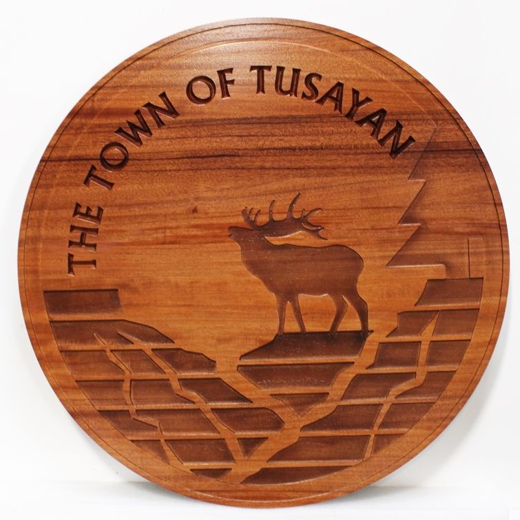 F15341 - Carved Engraved Mahogany Wood Sign for the Town of Tusayan, with an Elk as Artwork.   