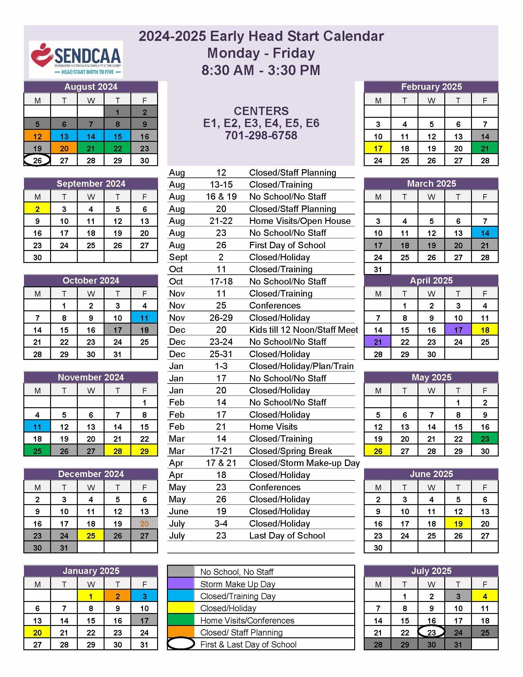 2024-2025 Head Start Early Calendar