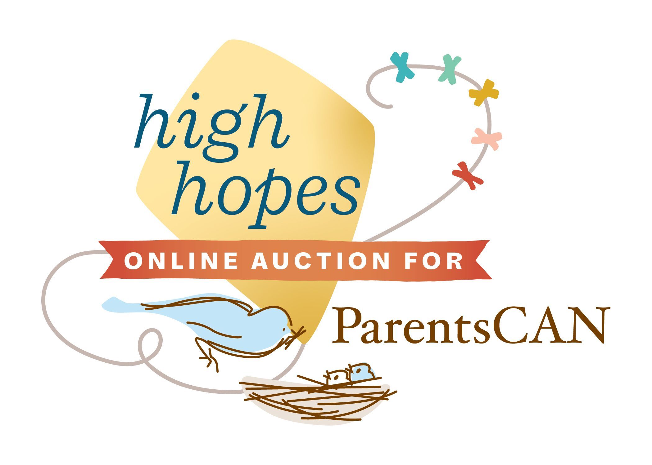 A yellow kite with a banner and the ParentsCAN logo of a bird perched over a nest with baby birds.