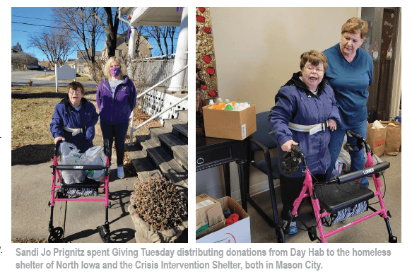 Sandi Jo distributes donations from Day Hab to the homeless shelter and Crisis Intervention Shelter in Mason City