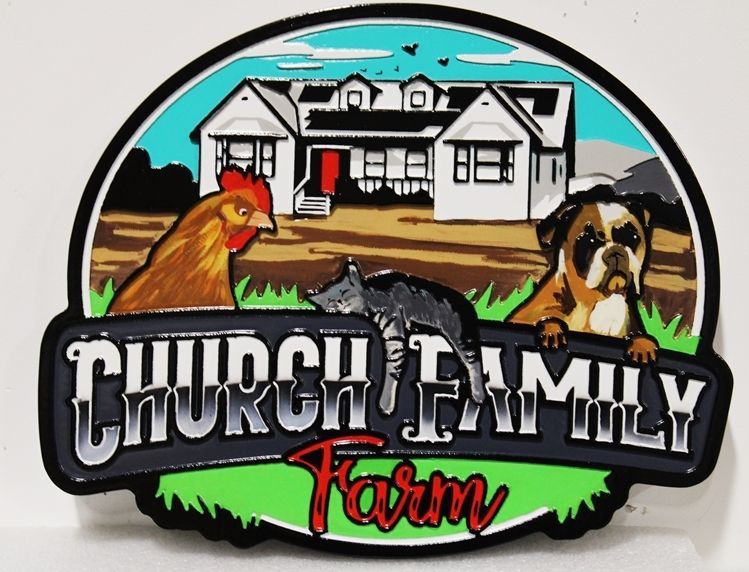 O24801 - Carved Multi-Level Raised Relief HDU Sign for the  Church Family Farm, with  a  Farmhouse, Chicken and Dog as Artwork 