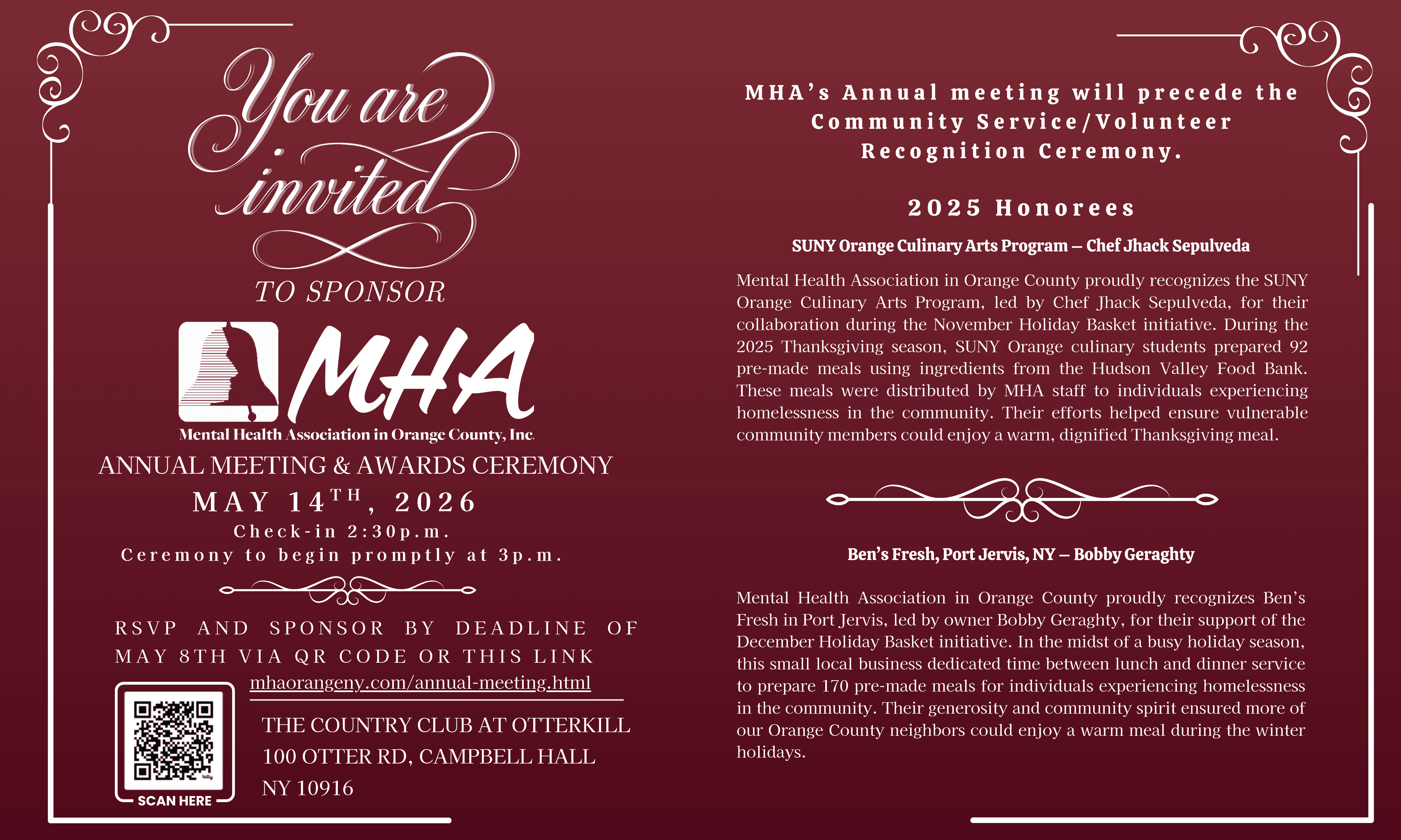 Invitation to sponsor Mental Health Association in Orange County’s Annual Meeting and Awards Ceremony on May 14, 2026 at the Country Club at Otterkill. The event begins with check-in at 2:30 p.m. and the ceremony at 3 p.m. The invitation highlights the 20