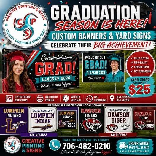 Image featuring local high schools and promoting the deals that Creative Printing & Signs is having for the 2026 Graduation season. 