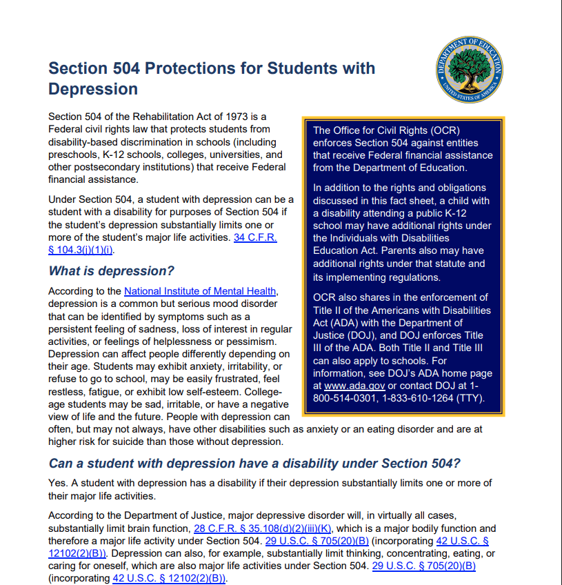 Section 504 Protections for Students with Depression