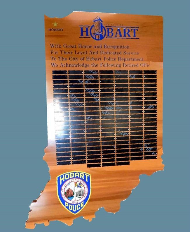 SB1223 - Retired Policemen Plaque  for the Hobart Police Department., Carved from Cedar Wood in the Shape of Indiana