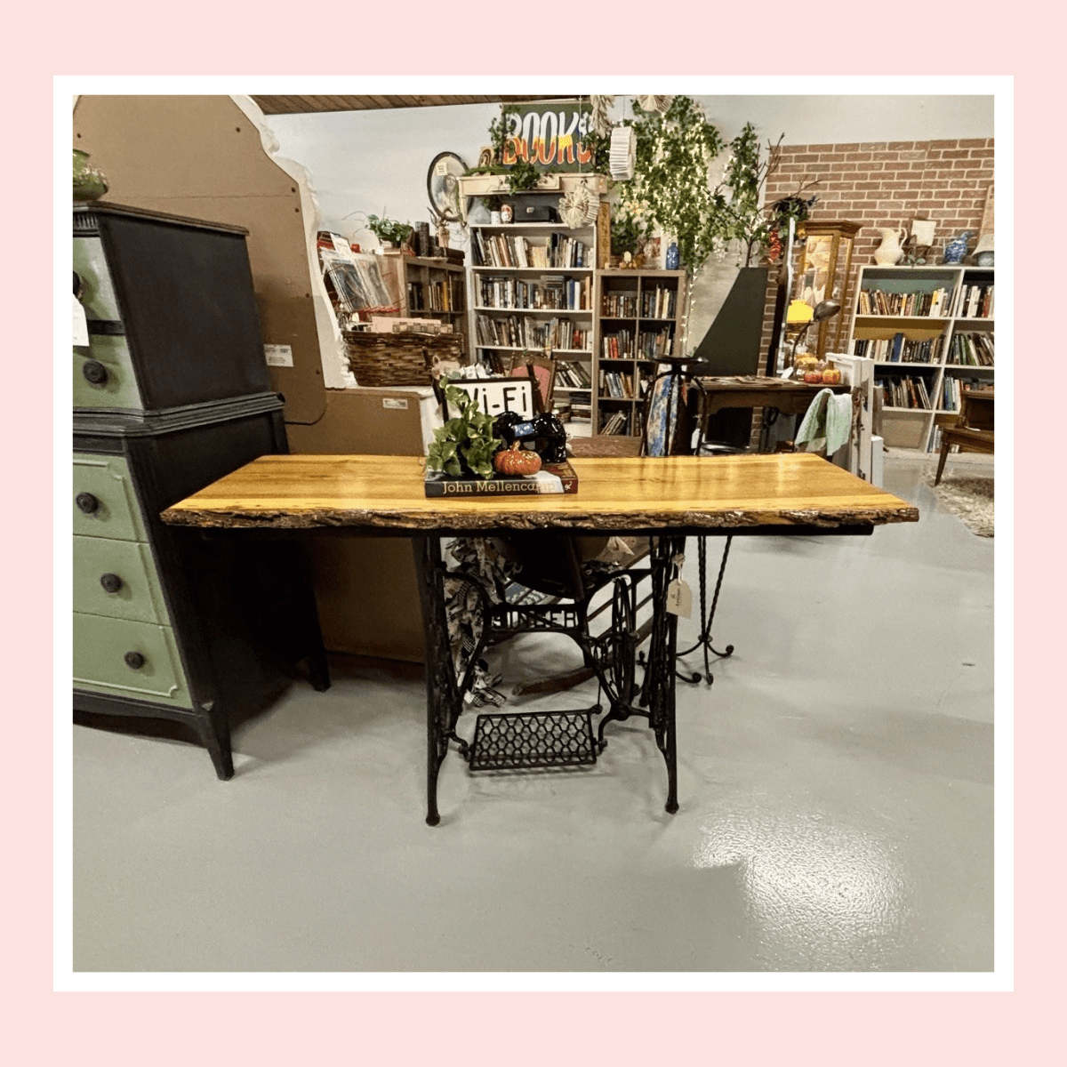 Custom Made Live Edge Table With Antique Sewing Table Base