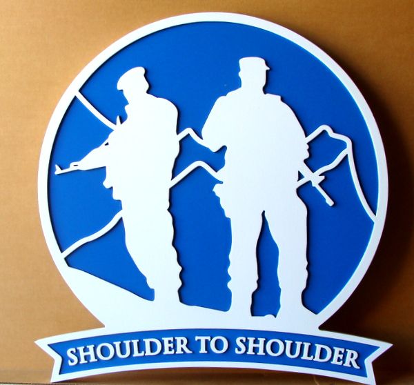 MP-2460 - Carved Plaque of the Crest of a Combat Unit of the US Army, "Shoulder to Shoulder",  Artist Painted