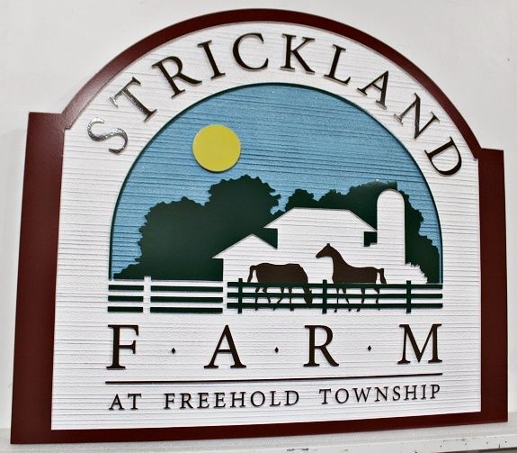 O24821A - Carved and Sandblasted Wood Grain HDU Sign for "Strickland Farm" with Artwork
