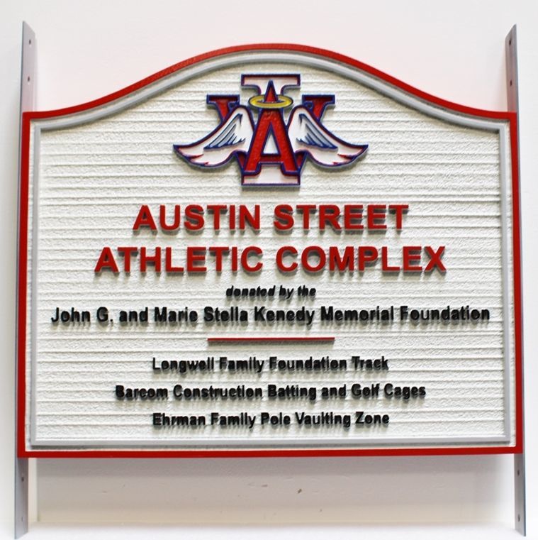 GA16478 - Carved 2.5-D Raised Relief and Sandblasted Wood Grain High-Density-Urethane (HDU)  Entrance Sign for the Austin Street Athletic Complex 