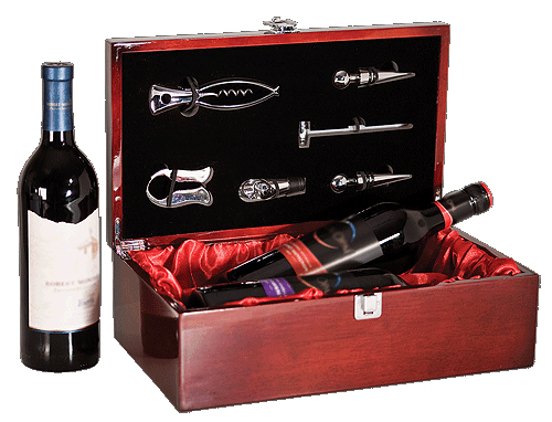 Rosewood Piano Finish Double Wine Box w/ Tools