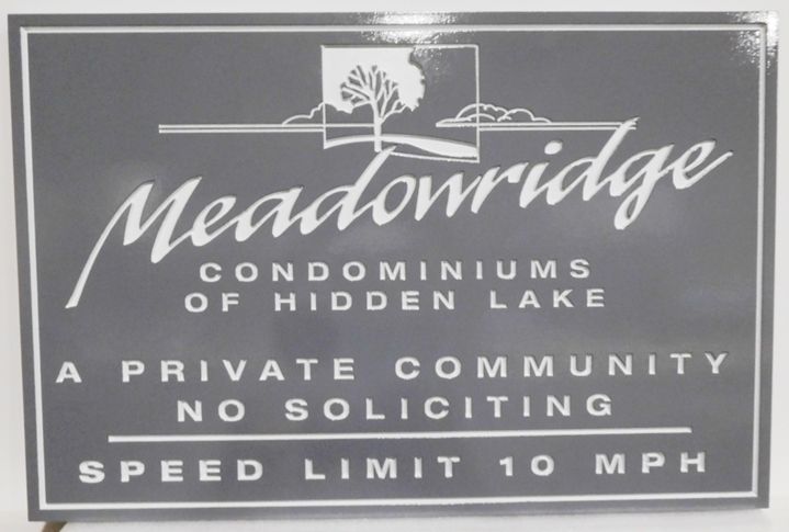 K20374 - Carved Engraved High-Density-Urethane (HDU)  Entrance Sign for a Condominium Community, "Meadowridge" at Hidden Lake, with Tree Scene as Artwork