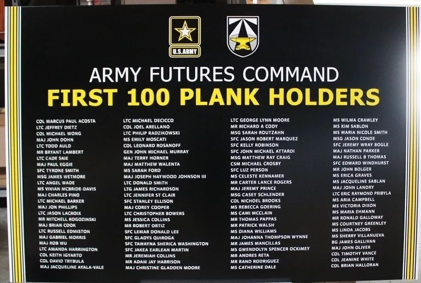 SB7080 - Engraved High-Density-Urethane (HDU) Board for First 100 Plank Holders of the US Army Futures Command 