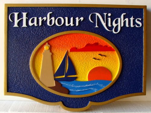 L21256 - Coastal Home Sign "Harbor Nights" with Sailboat, Lighthouse, and Setting Sun