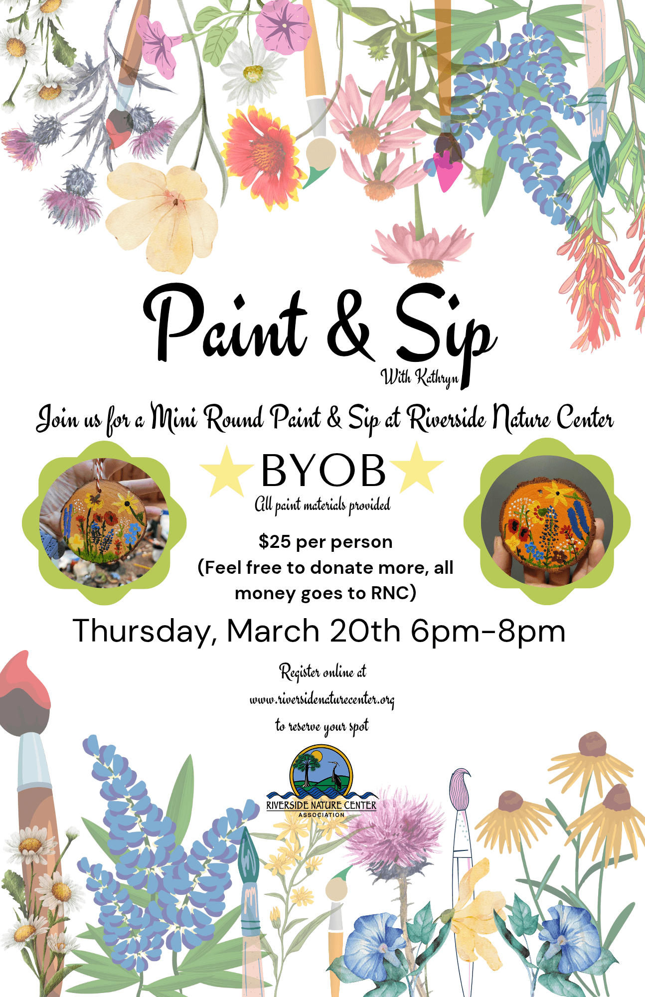 Kerrville Texas, Riverside Nature Center, Paint and Sip, Kathryn Dover, wildflower paintings, mini paintings, Kerrville events, fun, relaxing