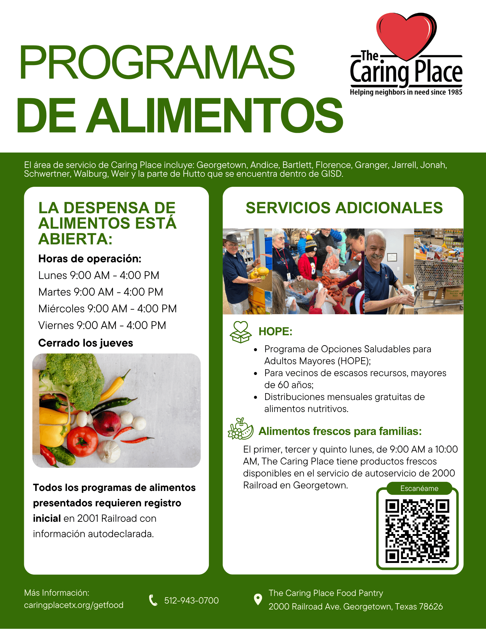 Esta imagen comparte información sobre los programas de alimentos de The Caring Place y los horarios de atención. Aquí puedes conocer más sobre la Despensa de Alimentos, el programa HOPE y Fresh Food For Families.