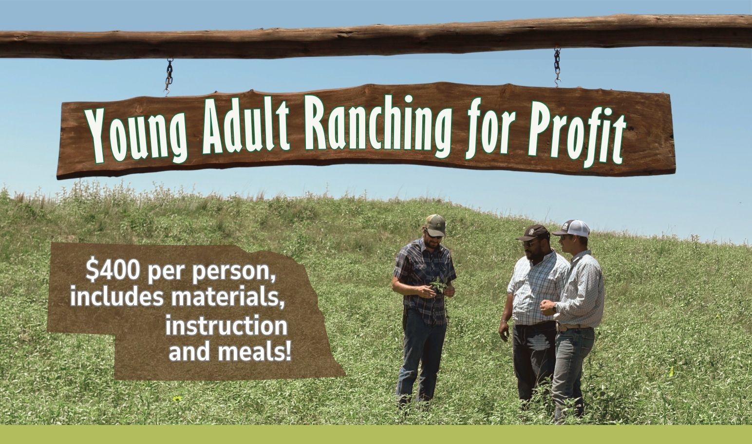 three ranchers in a pasture inspecting plants and discussing. blue sky, rolling hills.