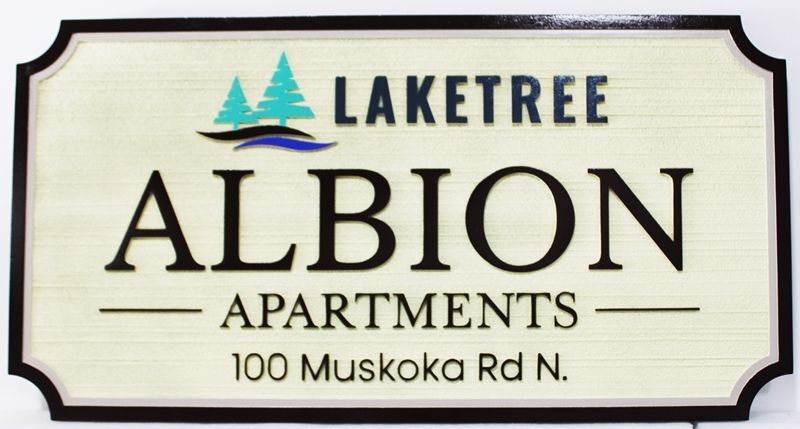 K20440 - Carved High-Density-Urethane (HDU)  Entrance and Address Sign for the "Laketree -Albion Apartments "  with  two Stylized Fir Trees as Artwork. 