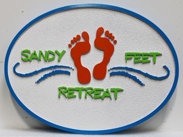 L21098 - Carved and Sandblasted 2.5-D Multi-level Relief  Beach House Name Sign "Sandy Feet Retreat", with Two Footprints in the Sand as Artwork