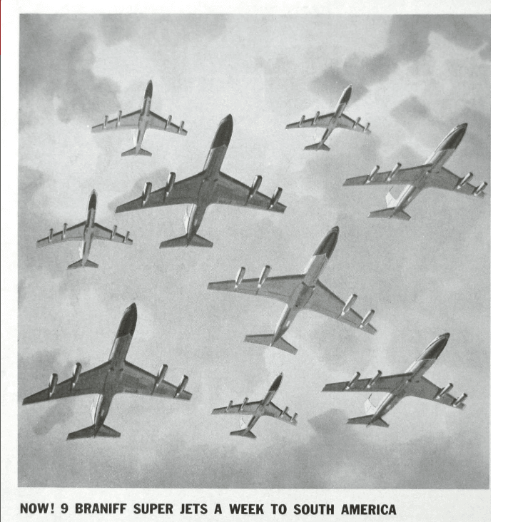 Detail from a vintage Braniff International Airways print advertisement depicting fleet of planes. Text reads "Now! 9 Braniff Super Jets A Week to South America"
